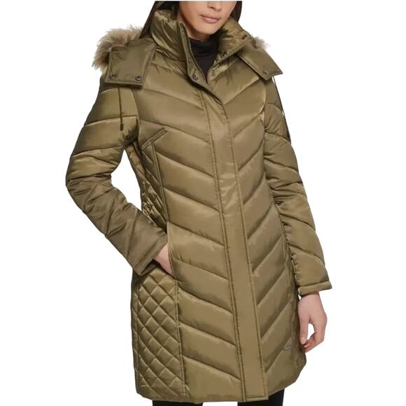 KENNETH COLE Olive Mid-Length Chevron Quilted Puffer Hooded Coat Faux Fur Size M - Picture 1 of 7
